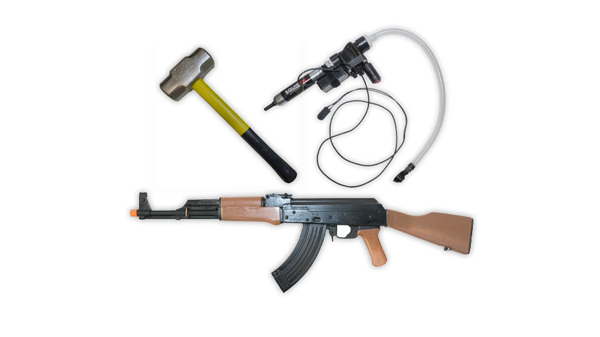 Active shooter training props, foam sledgehammer, rubber gun and squib