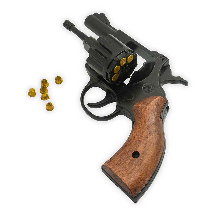 Olympic 6 Blank Firing Revolver | Top-Firing .22 Caliber | Blued Finish Wooden Grips