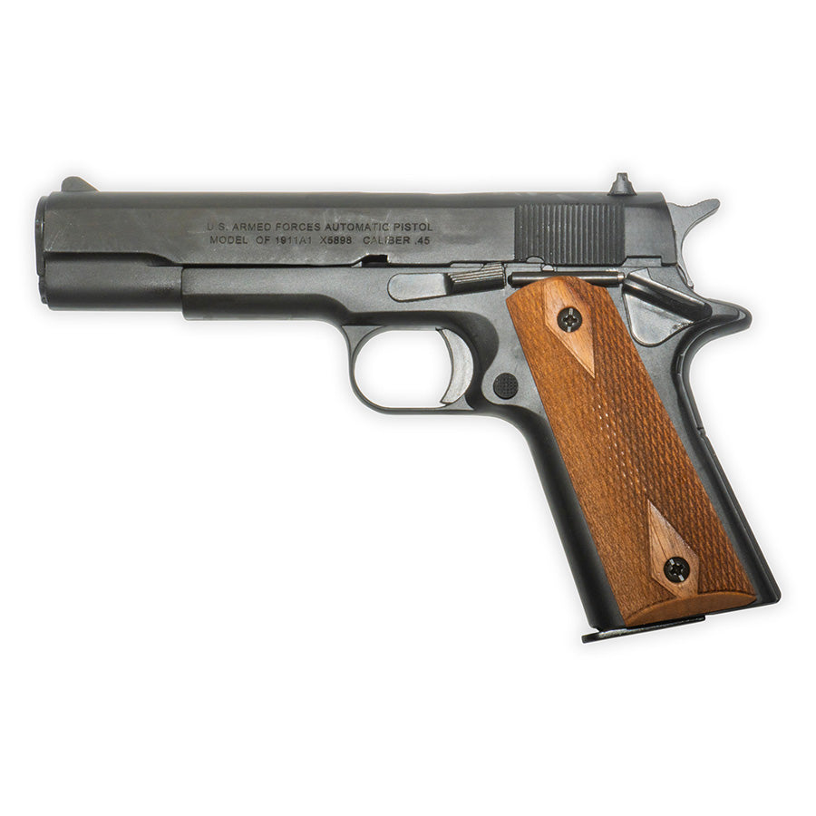Réplica del calibre .45 Gov't M1911 sin disparo | Kimar | Cargador extraíble | Acabado pavonado con cachas de madera rayadas