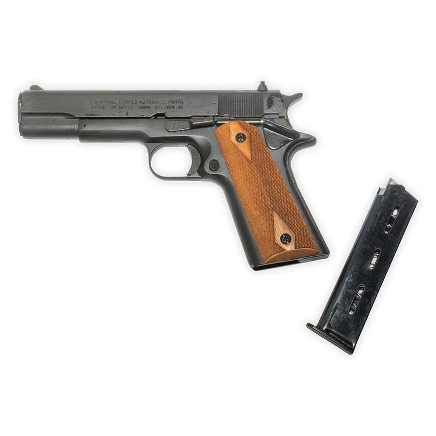 Réplica del calibre .45 Gov't M1911 sin disparo | Kimar | Cargador extraíble | Acabado pavonado con cachas de madera rayadas