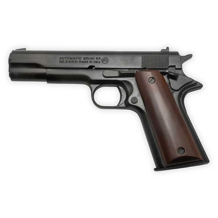 Bruni 1911 Blank-Firing Pistol | Semi-Auto Top-Firing 8mm PAK | Blued Finish with Dark Wood Grips
