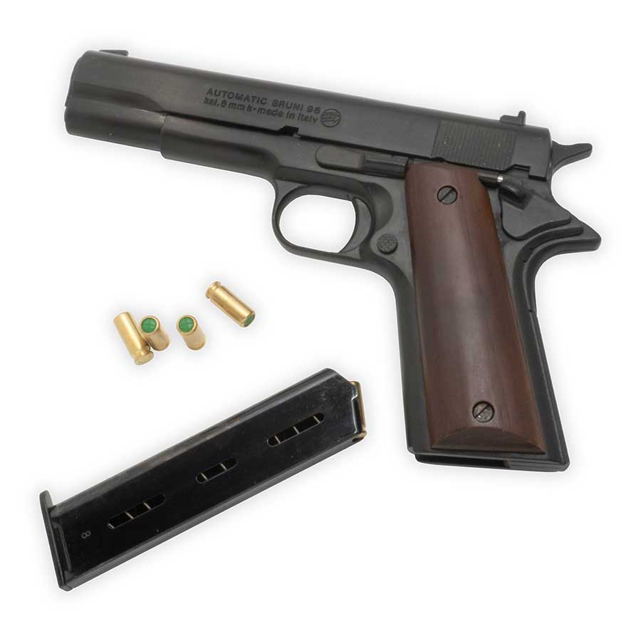 Bruni 1911 Blank-Firing Pistol | Semi-Auto Top-Firing 8mm PAK | Blued Finish with Dark Wood Grips
