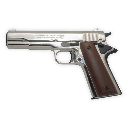 Pistola de fogueo Bruni 1911 | Semiautomática, de percusión superior, calibre 8 mm PAK | Acabado niquelado con cachas de madera oscura