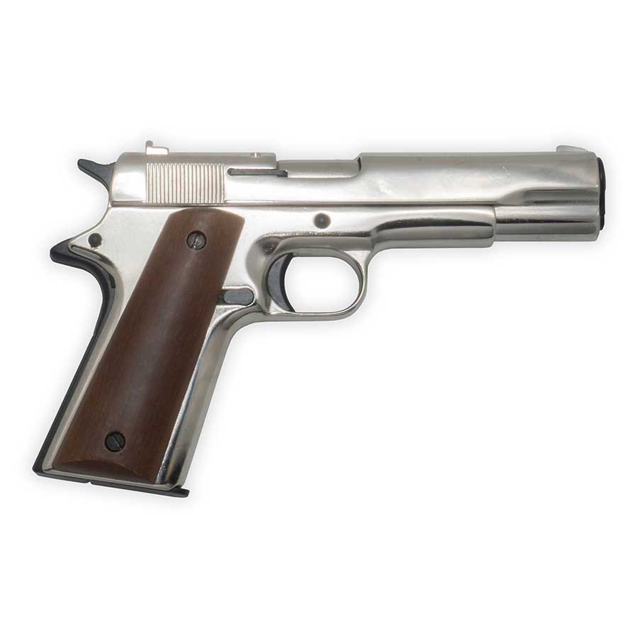 Bruni 1911 Blank-Firing Pistol | Semi-Auto Top-Firing 8mm PAK | Nickel Finish with Dark Wood Grips