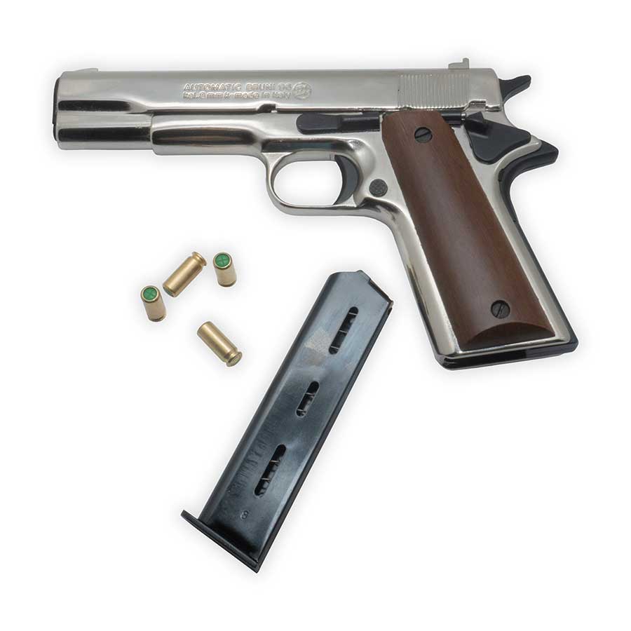 Bruni 1911 Blank-Firing Pistol | Semi-Auto Top-Firing 8mm PAK | Nickel Finish with Dark Wood Grips