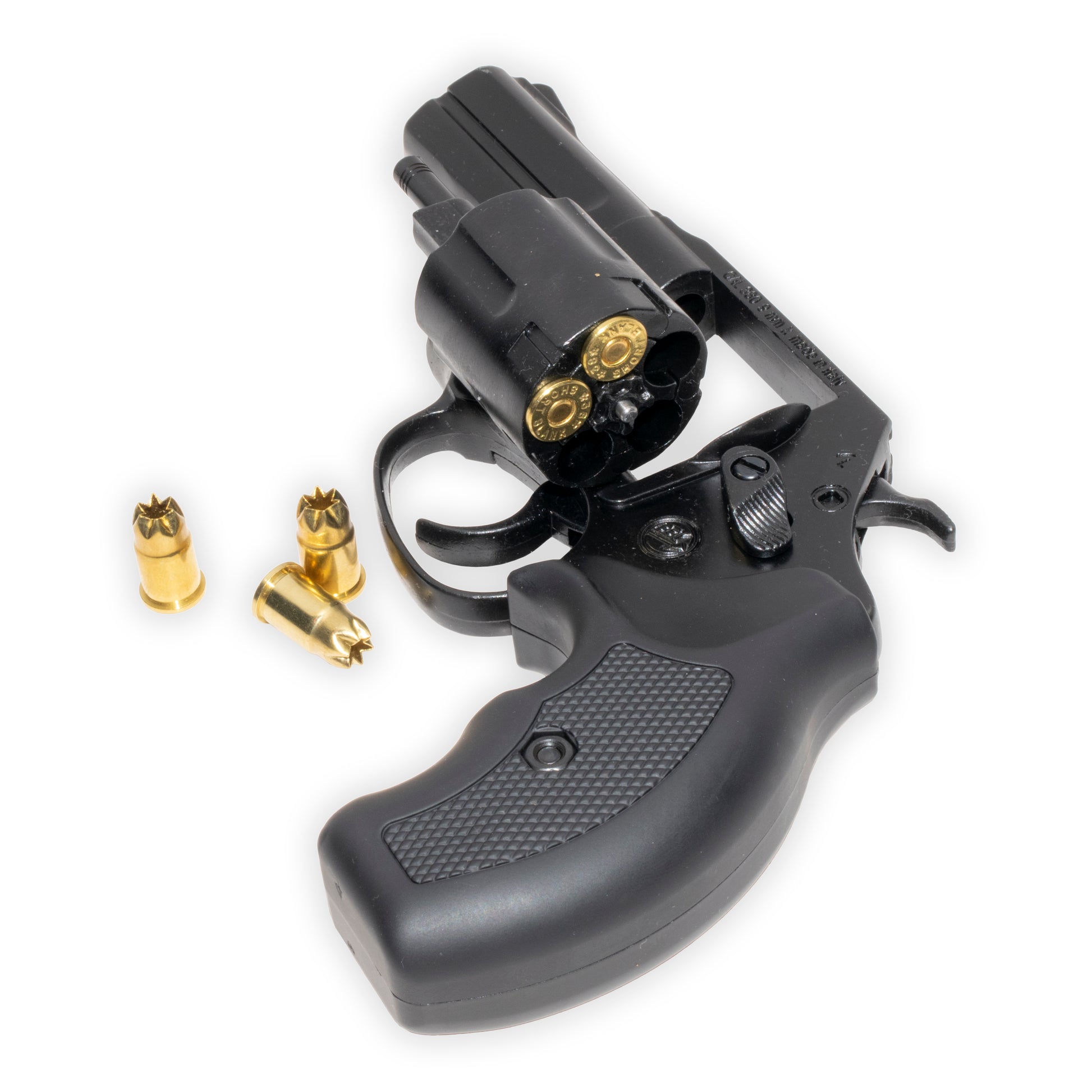 .380 Brass Stage Blank Ammunition (9mm RK) Factory Load next to blank firing revolver