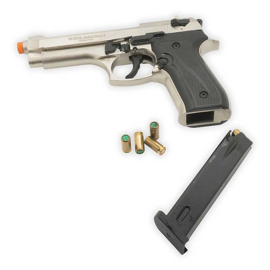 Jackal Dual Blank-Firing Pistol | Full Auto Front-Firing 9mm PAK | Satin Finish