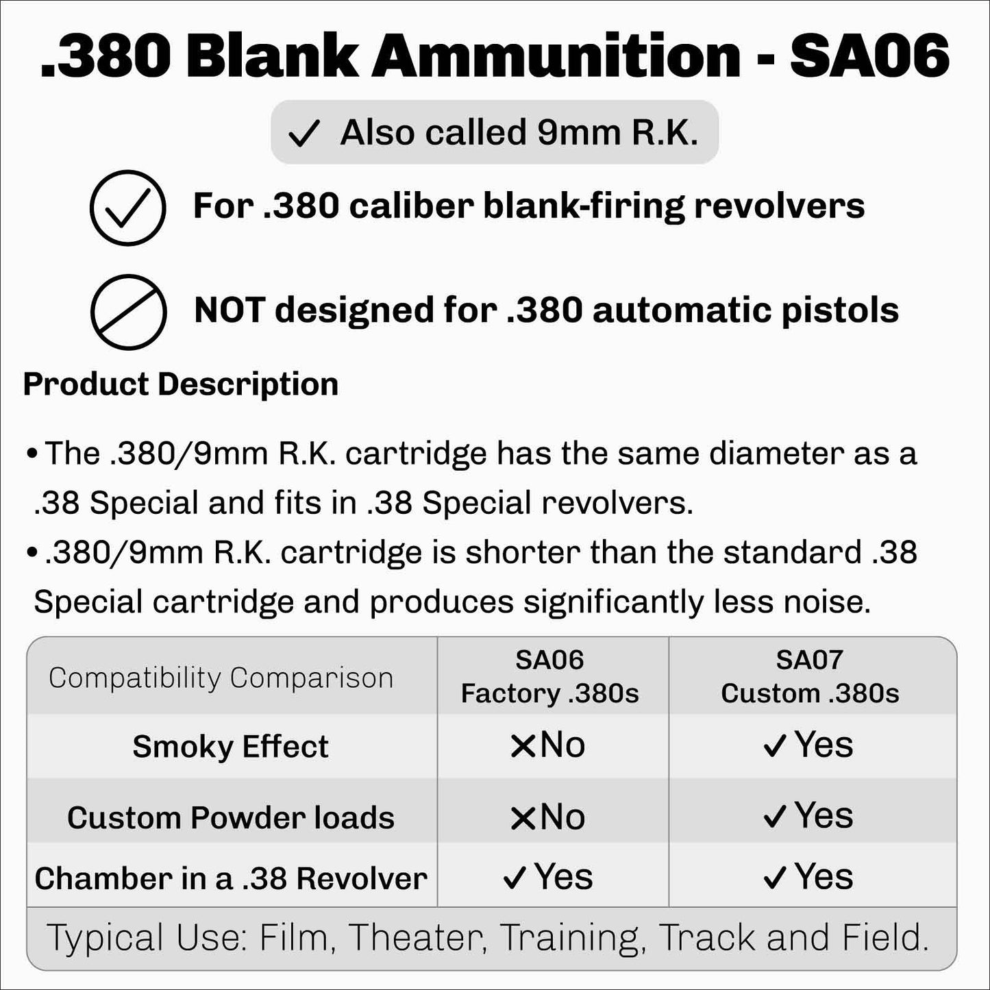 Munición de fogueo de latón calibre .380 (9 mm RK) Carga de fábrica | 50 cartuchos