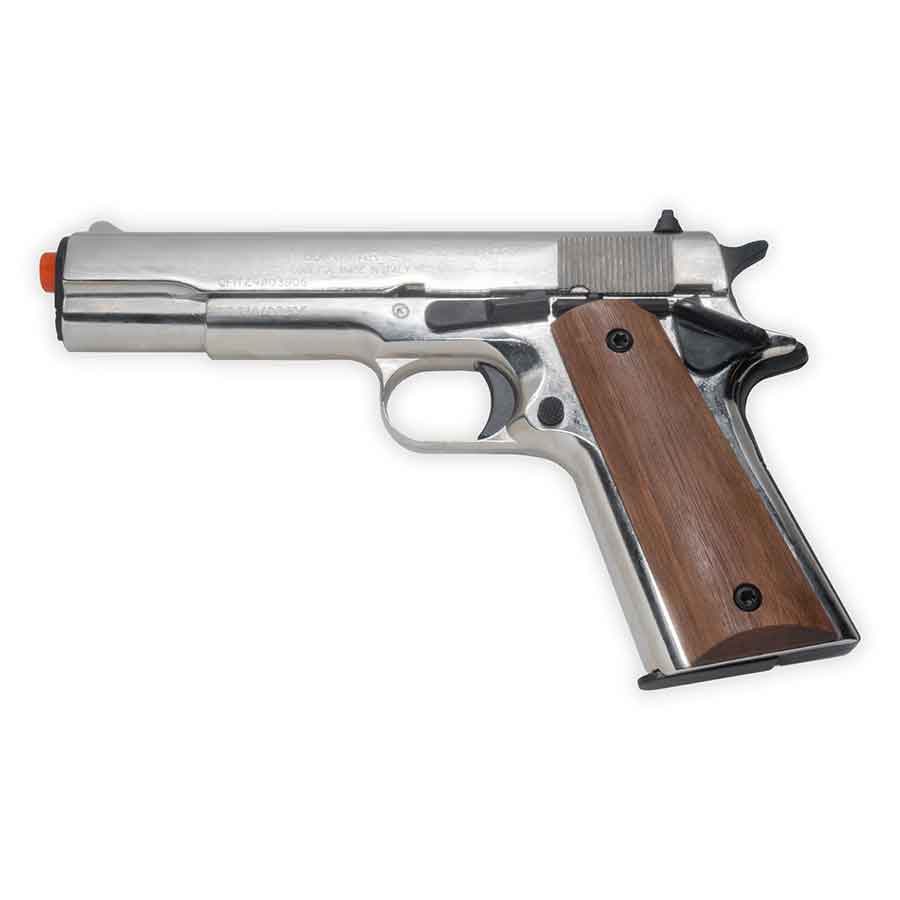 Kimar 1911 Blank-Firing Pistol | Semi-Auto Front-Firing 9mm PAK | Nickel Finish Wooden Grips