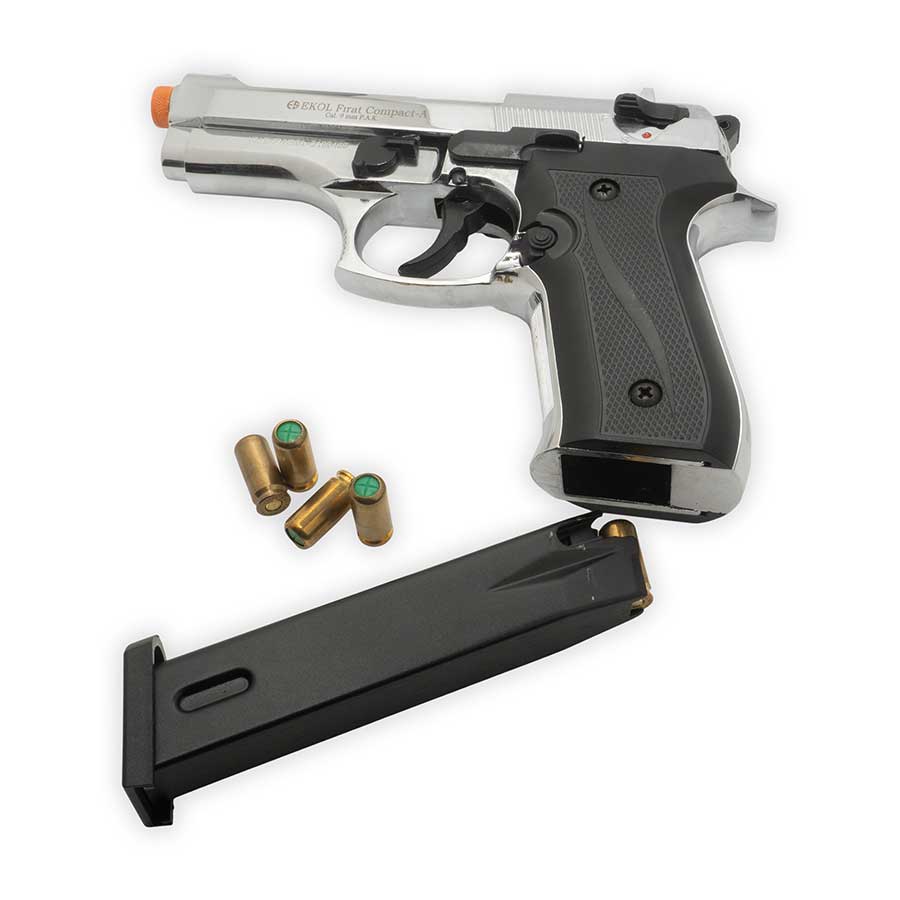 Firat Compact 92 Blank-Firing Pistol | Semi-Auto Front-Firing 9mm PAK | Nickel Finish